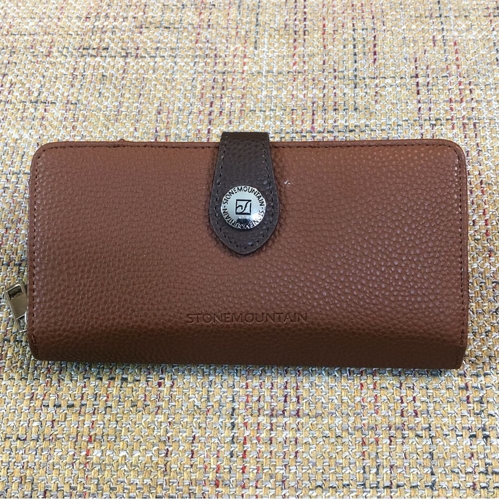W STONE MOUNTAIN Brown Leather Check Book 20 Card Slips 4 Billfolds Long Wallet